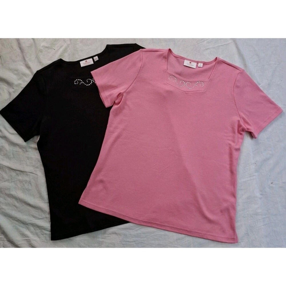 2 Quacker Factory Rhinestone T Shirts Short Sleeve Black Pink Casual Women's M